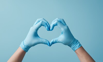 Hands in blue nitrile gloves forming a heart shape against a light blue background