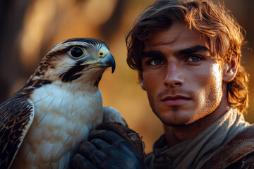 A focused falconer presents a glove to his falcon during a training session in a serene landscape