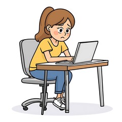 Cartoon woman sitting alone at her desk, looking stressed while typing on a laptop on a white background.