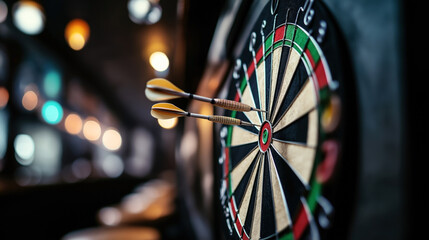 Close-up of a dartboard with two darts hitting the bullseye in a dimly lit environment, featuring a blurred background with colorful bokeh lights.