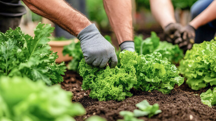 Manos cosechando lechugas frescas en huerto, cuidando y recolectando vegetales de manera orgánica