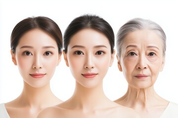 Three generations of women showcasing beauty and aging against a white background in a serene portrait