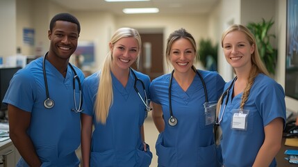 Four nurses in blue scrubs are smiling for the camera. They are all wearing stethoscopes around their necks