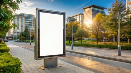 Empty billboard in an urban setting with modern architecture and trees under a clear sky for promotion advertisement mock up