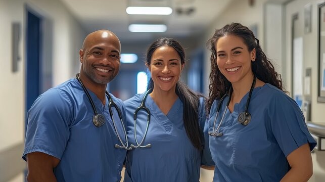 Three nurses are smiling and posing for a photo. They are all wearing blue scrubs and have stethoscopes around their necks. Scene is happy and friendly