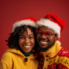 Portrait of a couple in New Year's costumes. Portrait for a Christmas party. Isolated on background