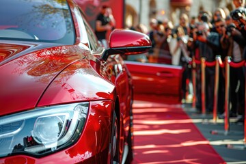 A bright red car parked on a luxurious red carpet, ready for a special occasion