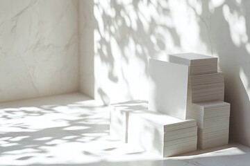 A row of white storage boxes stacked on a clean floor, ideal for organizing and storing items