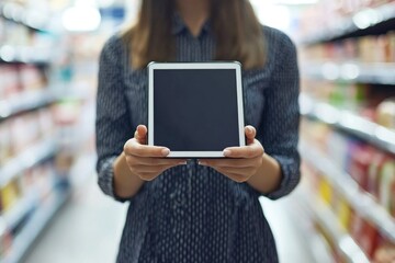 A woman is shown holding a tablet computer in a store setting, possibly shopping or browsing