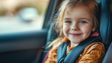 A joyful child in a car seat inside a vehicle eagerly heading to school to reunite with friends surrounded by empty space for text