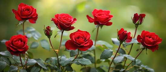 Fototapeta premium Photo Of Red Roses With Dark Leaves And Stems