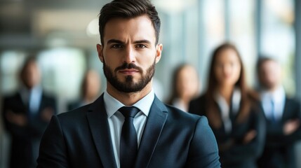 Confident manager in suit among blurred team members in an office showcasing successful teamwork and leadership qualities