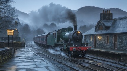 Fototapeta premium Steam Train Leaving a Rural Station in Foggy Mountains