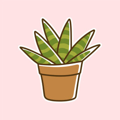 A simple and adorable illustration of a snake plant in a terracotta pot with green striped leaves on a soft pink background. Perfect for stickers, decor, and botanical designs.