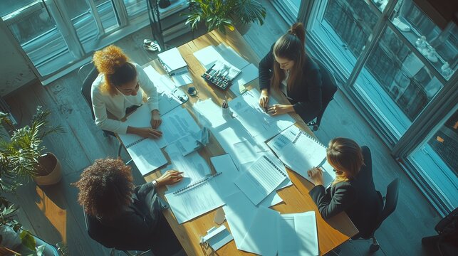 Four women are sitting around a table, working on a project. They are all dressed in business attire and are focused on their work. The room is well-lit and has a modern, professional feel