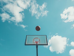 Basketball flying through the air towards a hoop under a clear blue sky, capturing the essence of sports and outdoor activities.