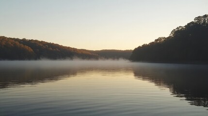Fototapeta premium Misty Dawn Over Tranquil Lake with Soft Colors