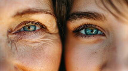 Close up portrait of the eyes of an older mother and her adult daughter with their heads together in a warm and intimate moment