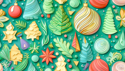 Abstract mosaic texture with Christmas elements and symbols in doodles style on wrapping paper style, wallpaper