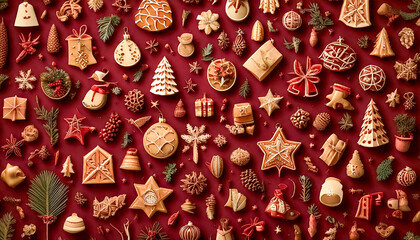 Abstract mosaic texture with Christmas elements and symbols in doodles style on wrapping paper style, wallpaper