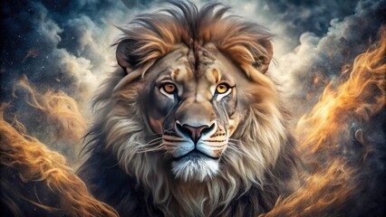 Fototapeta premium Close-Up Portrait of an Aggressive Lion with Abstract Smoke Background in Fashion Photography Style - Fierce Animal Imagery for Wildlife and Nature Enthusiasts