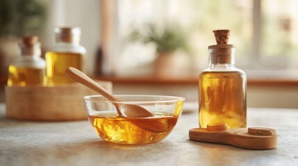 MCT oil in a round glass bowl with a wooden spoon and bottles showcasing its health benefits and role as a source of saturated fatty acids