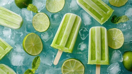 Refreshing backdrop featuring vibrant lime mint popsicles adorned with fresh lime slices and ice cubes Captured from above