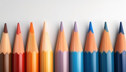 A close-up view of colored pencils aligned perfectly in a row on a white background.
