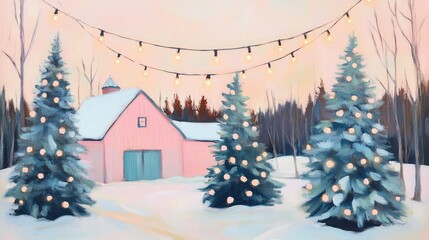 Christmas tree farm at sunset acrylic painting holiday card