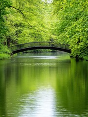 Scenic riverside with a charming bridge, surrounded by lush greenery and tranquil waters.