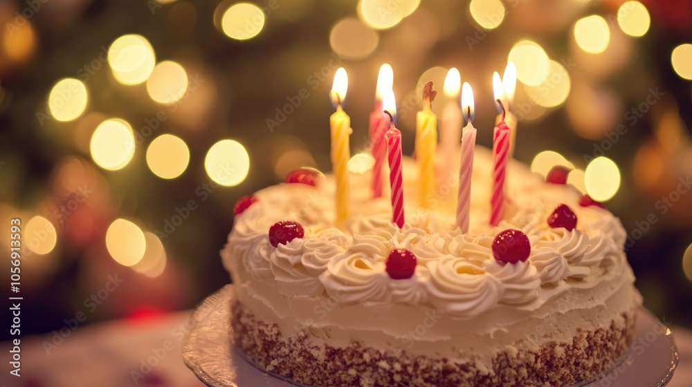 Wall mural birthday cake adorned with vibrant cream and ten lit candles set against a softly blurred bokeh back