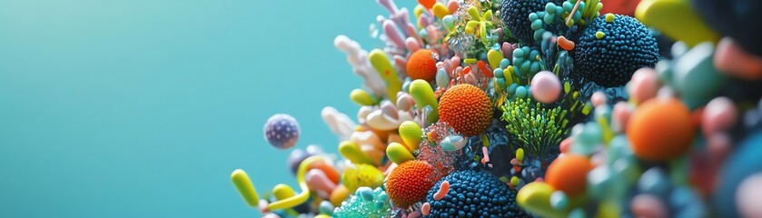 Fototapeta premium Colorful abstract organic shapes creating a vibrant, surreal underwater coral reef landscape against a serene blue background.