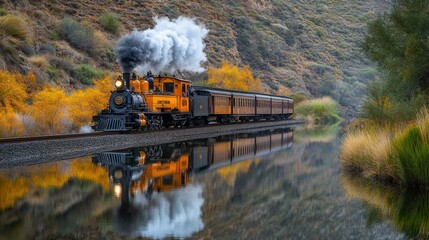 Fototapeta premium Steam Train Chugging Through Autumnal Landscape Reflected in Water
