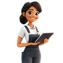 Cartoon employee holding a tablet and smiling confidently on a white background.