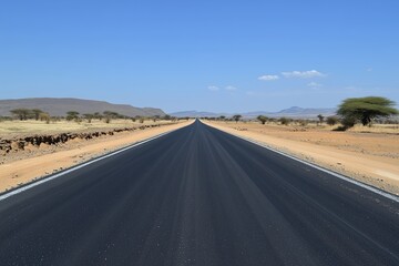 A long, empty road with a blue sky in the background