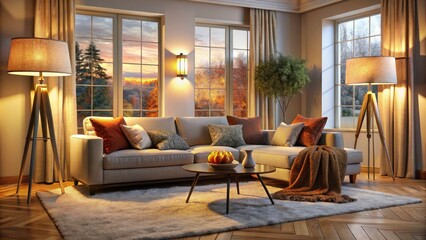 Obraz premium Cozy Living Room with Two Stylish Floor Lamps Illuminating a Modern Interior Design, Warm Ambiance, and Inviting Atmosphere for Relaxation and Comfort