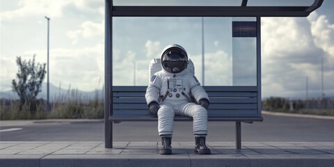 An astronaut taking a break at a bus stop
