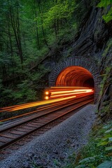 Fototapeta premium Train travels through a wooded area with a tunnel, suitable for transportation and infrastructure images