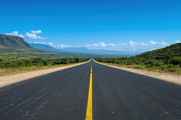 Naklejka premium A long, empty road with a clear blue sky above