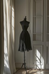 A black dress is displayed on a mannequin in a room with white walls