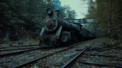 Naklejka premium Vintage Steam Locomotive Parked on Abandoned Railroad Tracks in a Forest