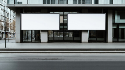 Obraz premium Two large blank billboards on the exterior of a modern building, facing an empty street. The building features glass doors and concrete pillars with a minimalist urban architecture.