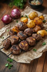 A plate of meat and potatoes with a bunch of herbs on top