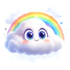 A cartoon cloud peeking out from behind a vibrant rainbow, with a curious expression and little birds flying nearby on a white background.