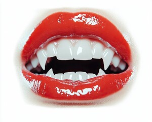 Fototapeta premium Close-up of beautiful woman red lips with sharp white vampire teeth