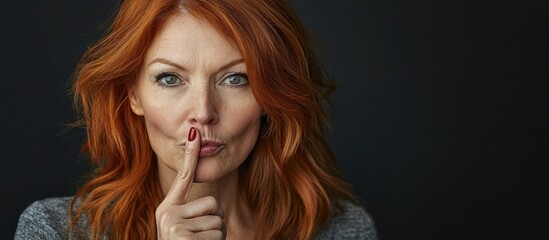 Obraz premium Hush Not Say That Worried Shocked Redhead Middle Aged Wife Demand Keep Mouth Shut Shushing Ask Silence Stop Spread False Rumours Stare Camera Hold Index Finger Pressed Lips Taboo Gesture