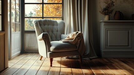 Cozy living room featuring a gray armchair complemented by warm toned walls and wooden flooring