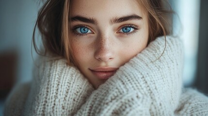 Portrait of an attractive young woman with blue eyes wearing a cozy white sweater
