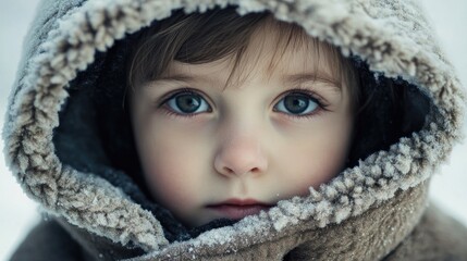 Chilly child dressed in a hooded coat