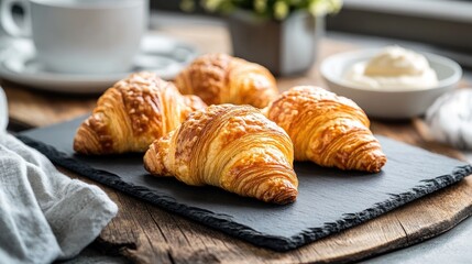 Close up of freshly baked croissants displayed on a dark slate serving board emphasizing a delightful bakery and breakfast theme